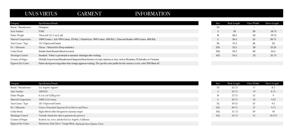 A black and white specification and sizing chart titled 'UNUS VIRTUS GARMENT INFORMATION' with tables listing garment details such as size, length, and measurements.